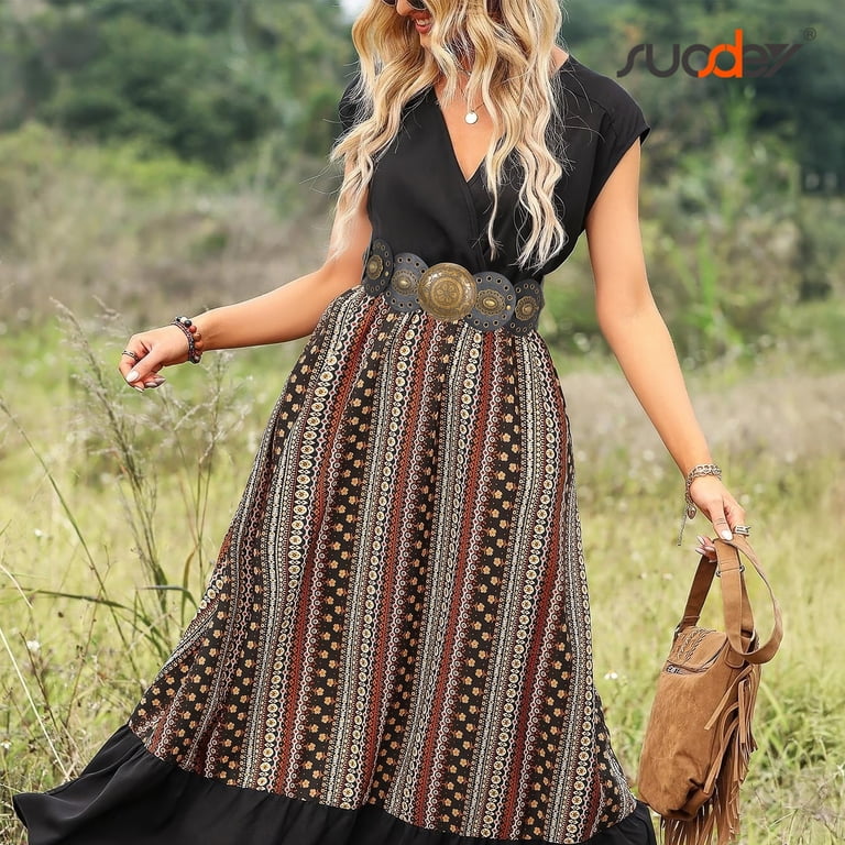 SUOSDEY Women's Concho Disc Belt Western Cowboy Cowgirl Wide Leather Boho Country Waist Belts for Dress Jeans, Size: Wasit up to 44, Black
