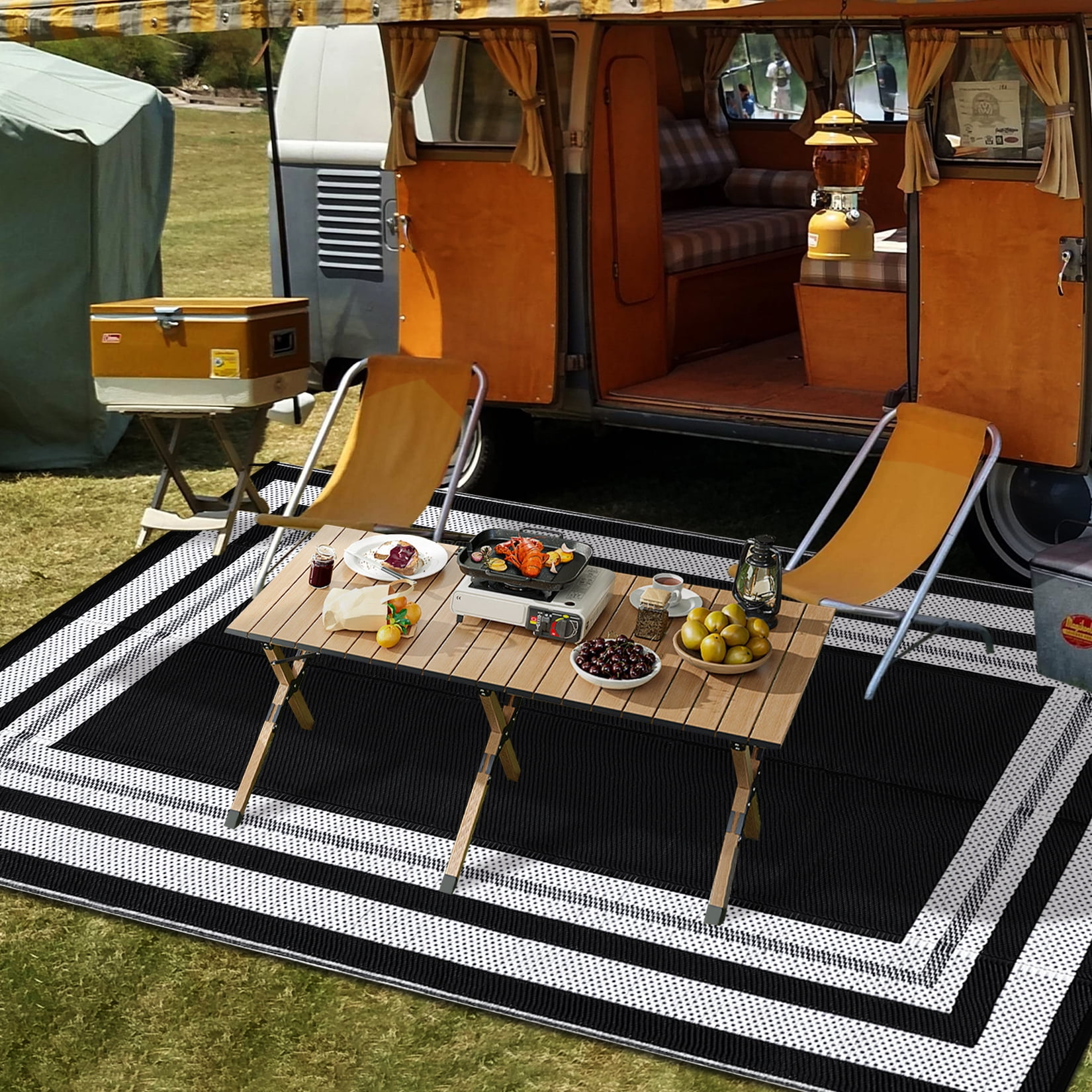 Nanan 9×18 Outdoor Plastic Rug,Portable Plastic Outdoor Rug, Waterproof & UV Resistant, Non-Slip, Easy to Clean for Camping, Patio, Garden, Beach, Picnic, Black White