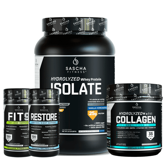 COMBO SASCHA FITNESS FIT 9/RESTORE/COLLAGENOSIN SABOR/PROTEINA ISO VAINILLA HORCHATA
