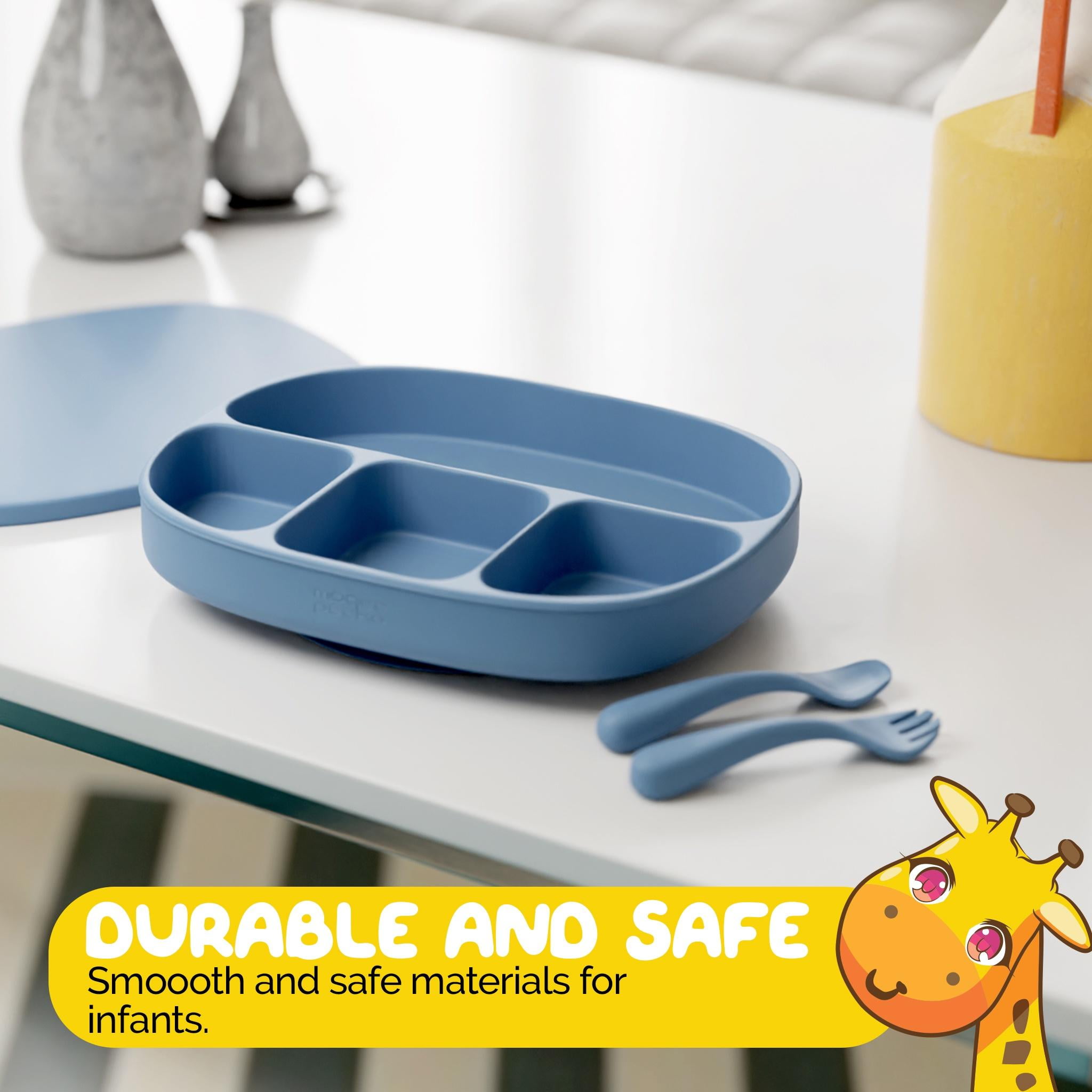 Led Weaning Set with Suction Tray and Baby Utensils by Muqee Peeko in Blue Color - (3 Piece Set)