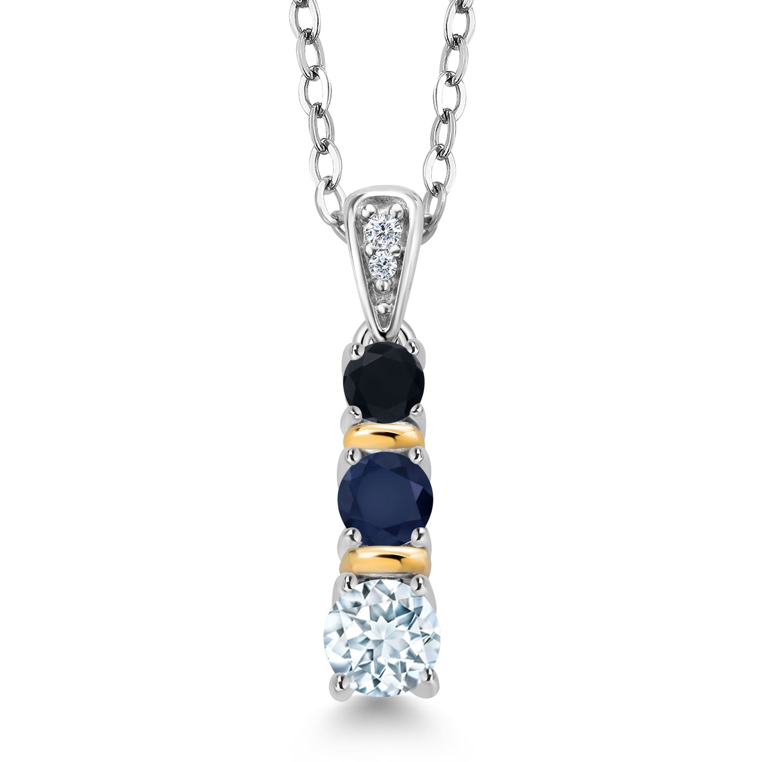 Gem Stone King 925 Silver and 10K Yellow Gold Round Sky Blue Aquamarine Blue Sapphire and Black Onyx Pendant Necklace for Women (0.57 Cttw, Gemstone March Birthstone, with 18 inch Chain)