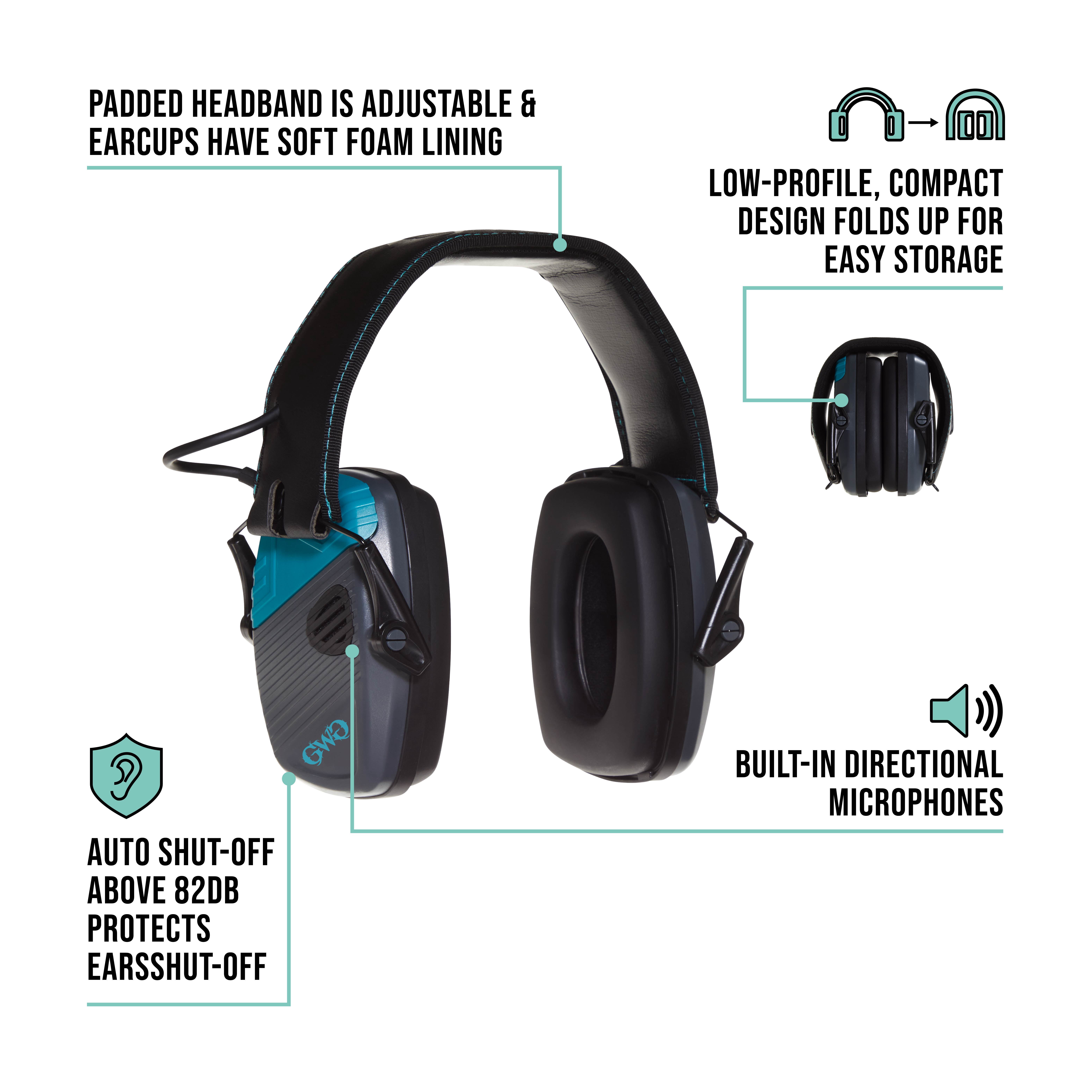 Girls With Guns Shield Low-Profile Electronic Earmuffs, 24 Db Nrr, Ansi S3.19 & Ce En352-1 Hearing Protection Rated, Gray/Teal/Black