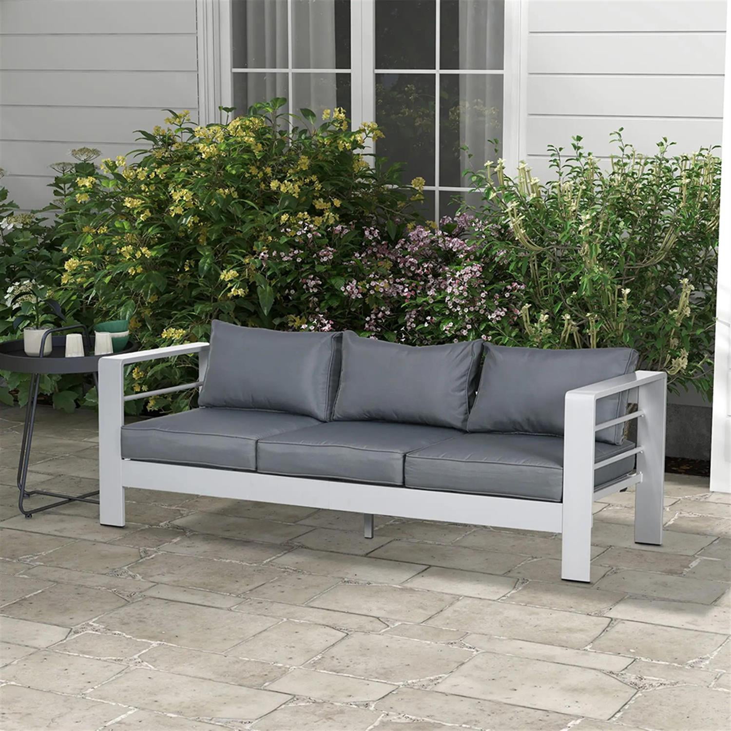 Demi Bonn Outdoor Loveseat Sofa Aluminum Patio Furniture with Wide Armrests, All-Weather Metal Outdoor Couch with Cushions, Gray