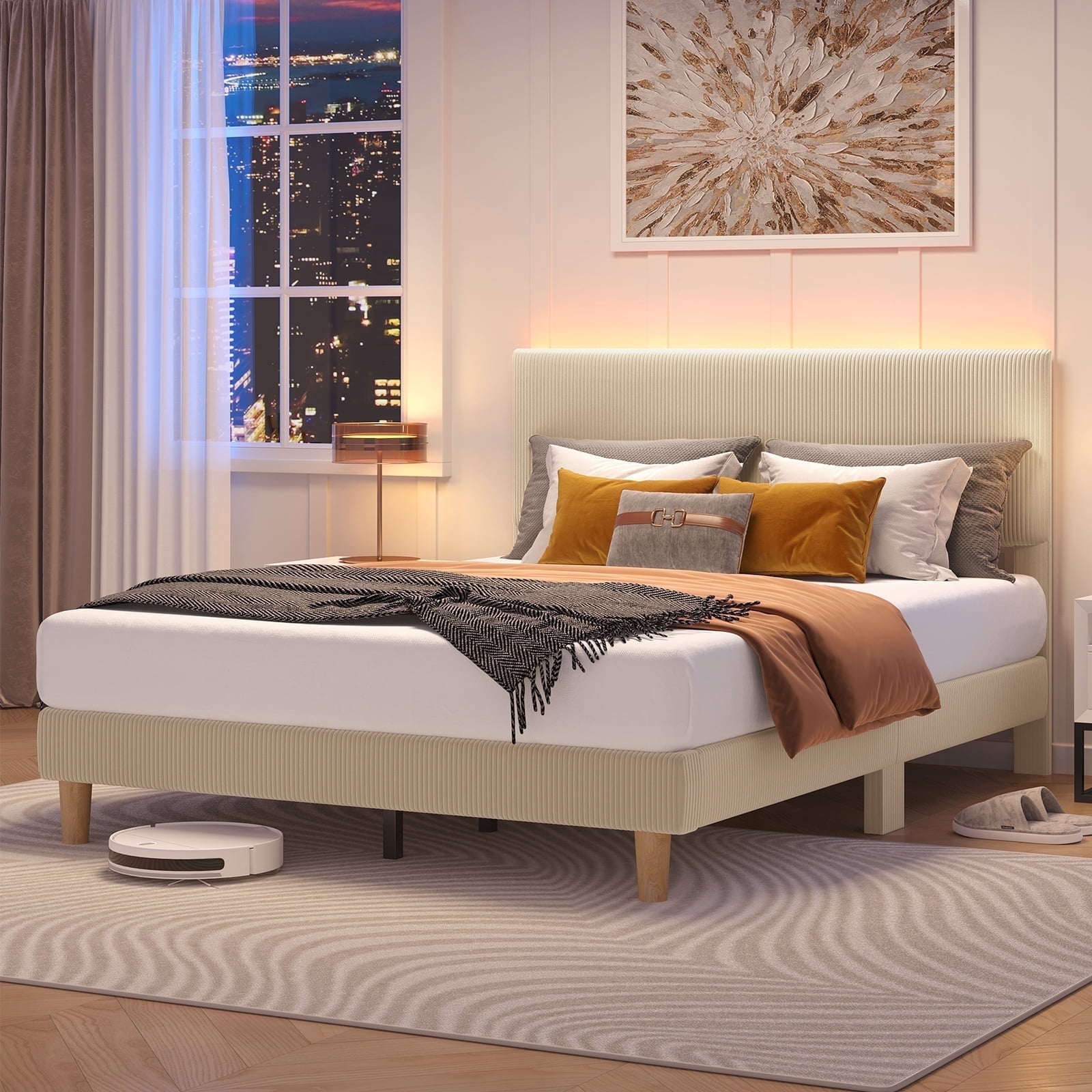 Bestier Corduroy Queen Platform Bed with LED Lights, Beige photo 7
