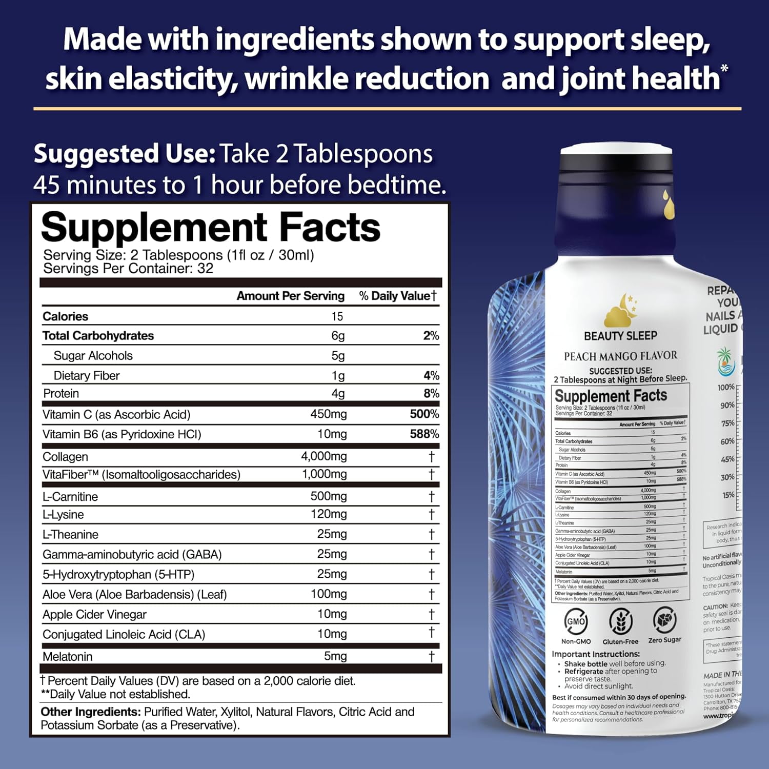 Tropical Oasis Collagen Dream, Premium Liquid Hydrolyzed Collagen Supplement for Men & Women, Sleep Aid for Healthy Hair, Skin, & Nails, Tropical Strawberry Mango, 32 fl oz, 32 Servings