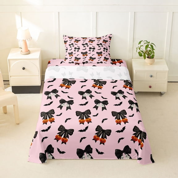 Homewish Spooky Pumpkin Ghost Twin Sheets for Women, Cute Coquette Halloween Bow Bedding, 3 Pieces, 1 Flat Sheet, 1 Fitted Sheet and 1 Pillowcase