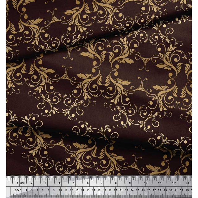 Soimoi polyester Crepe Fabric Filigree Damask Print Fabric by the Yard 52 Inch Wide