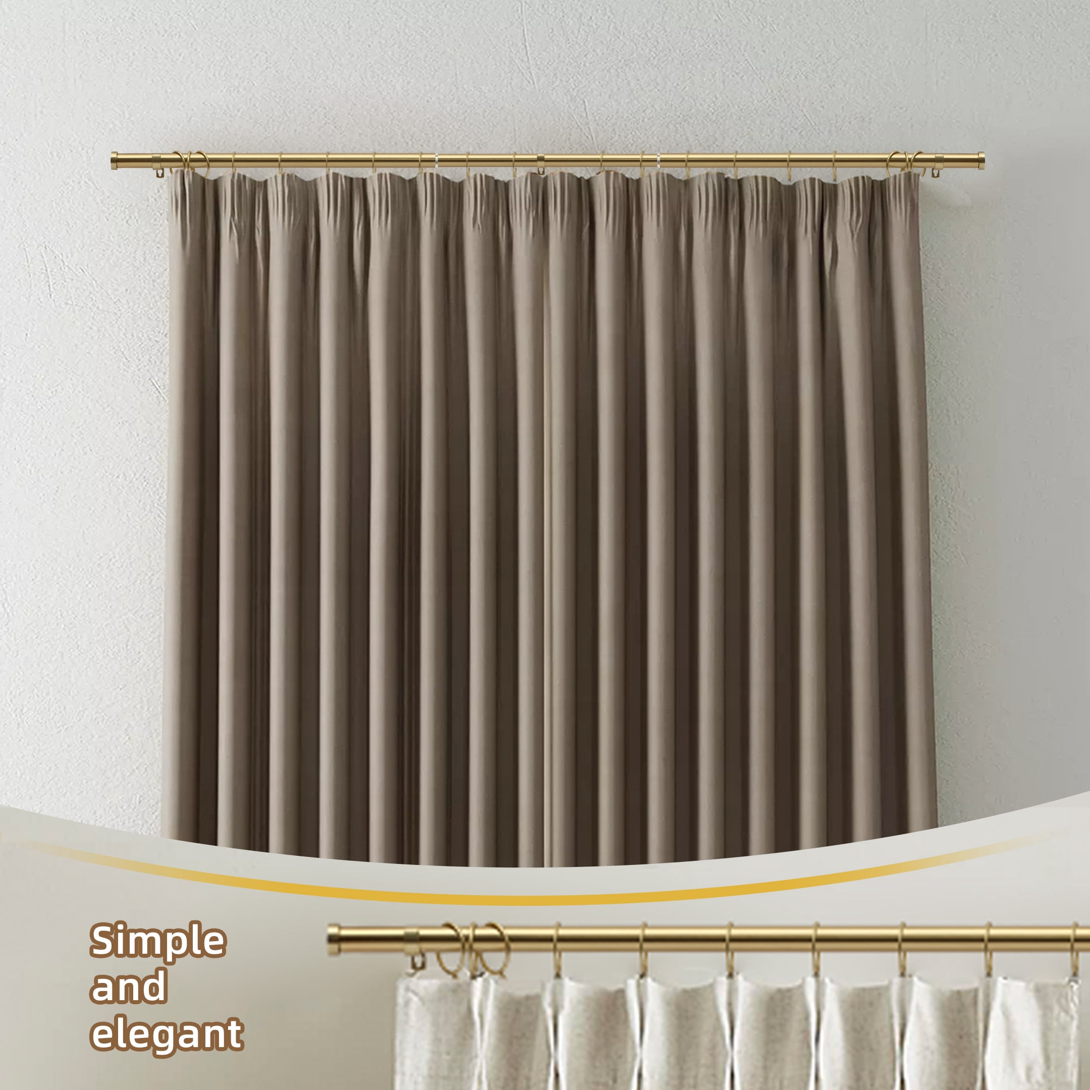 Coquilles 1 Inch Adjustable Single Curtain Rods, Gold with Cap Finials, 36-72 Inches