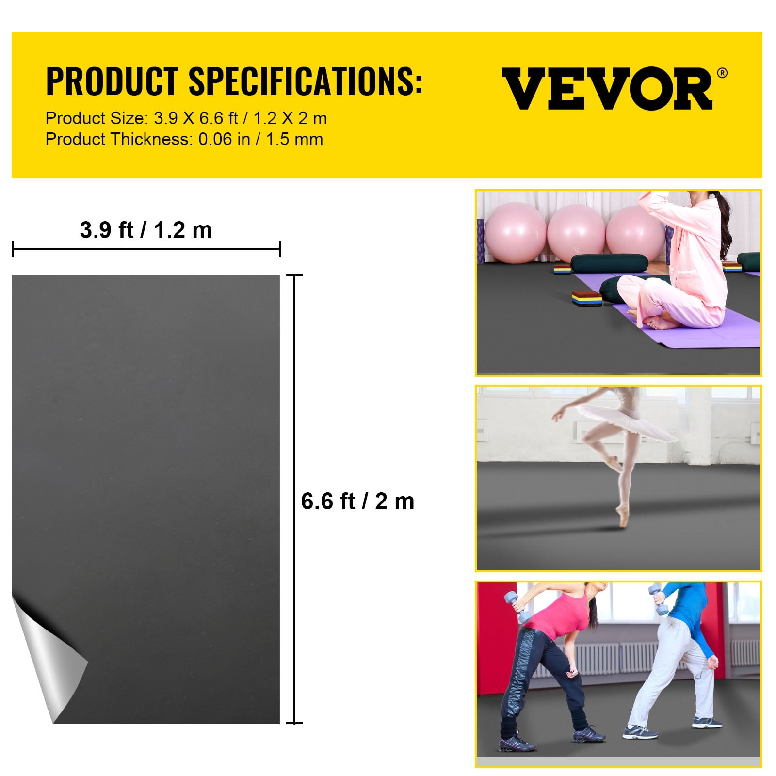 VEVORbrand Dance Floor, 6.6x3.9ft Dance Floor Roll, 0.06in Thick PVC Vinyl Dance Floor, Reversible Portable Dance Floor, Non-Slip Dance Flooring, Ballet Dance Floor for Jazz, Pop, Lyrical Style
