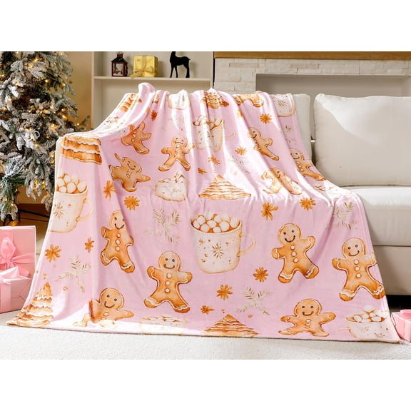 Gingerbread Man Christmas Throw Blanket for Adults 50 x 60 Inch Holiday Tree and Cookie Theme Flannel Blankets for Bedroom Couch Travel Home Decor Fuzzy Cozy Soft Warm Gifts(Pink)