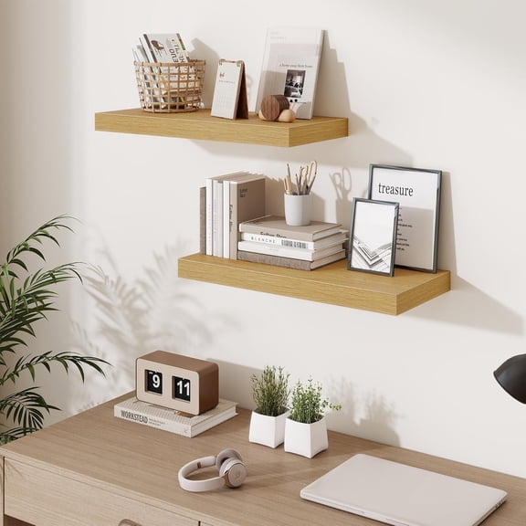 24 x 10 Floating Shelves Wall-Mounted - Rustic Wood Shelf - 10 Inch Deep Floating Shelves for Wall - Large Storage Shelf for Bathroom - Kitchen & Bedroom - Oak - Set of 2