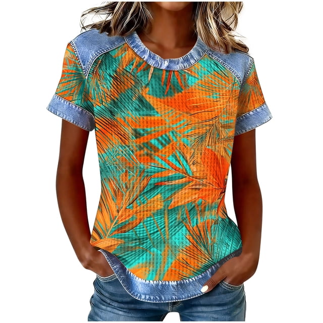 Tops de Manga Corta para las Mujeres Encaje Suelto Cuello Redondo Casual Color Sólido Blusa Camiseta Tops Sueltos