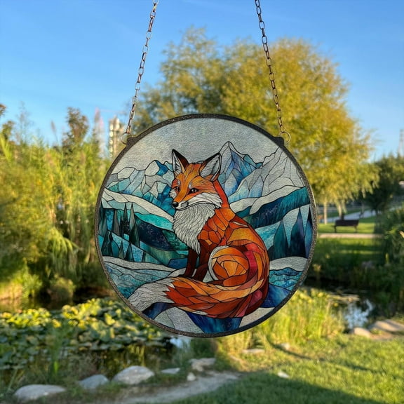 Winter Fox Painted Stained Glass Suncatcher, Window Hanging Decor, Outdoor Sun Catcher Decor, Winter WallÃ‚ Decor