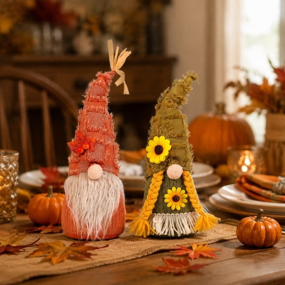 Yyuenw Vintage Linen Fall Faceless Gnome Ornament Sunflower Girl Maple Boy Thanksgiving Farmhouse Table Home Party Decor