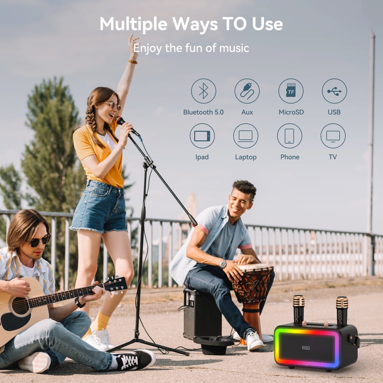 Machine Karaoké BIGASUO Avec 2 Micros UHF Sans Fil - Enceinte Bluetooth Portable