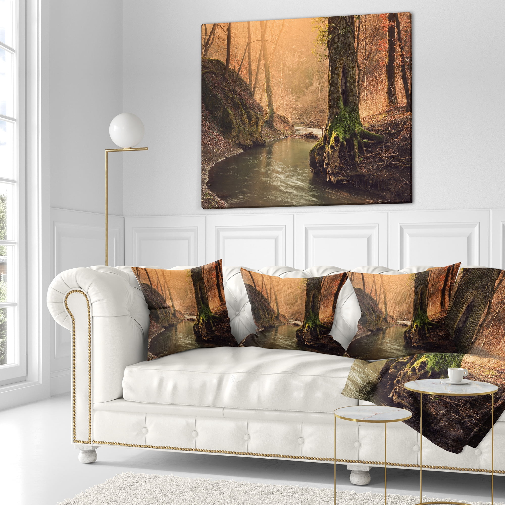 Designart Wild Creek in National Park - Modern Forest Throw Pillow - 18x18