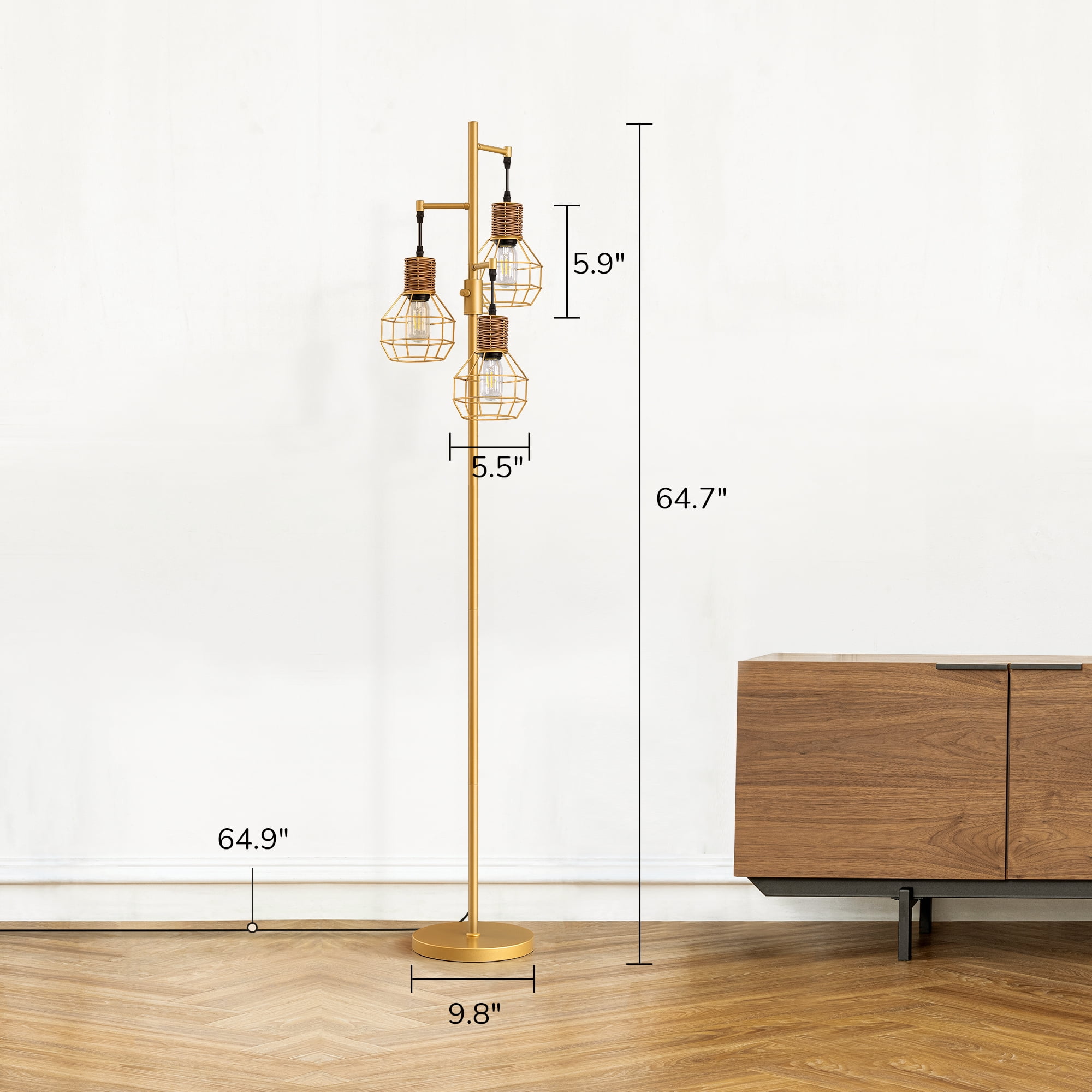 EDISHINE 64.7inch Industrial Gold Floor Lamps for Living Room Clearance, Dimmable, Metal Tree Standing Lamps for Bedroom, Office, LED Light Bulbs Included, Gold