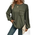 thumbnail image 5 of ATOYSOY Women's Solid Color Pullover Crew Neck Sweatshirts Pockets Fashion Casual Ribbed Shirts Outwear Long Sleeve Tees Fall Winter Knitted Sweaters Loose Tops Green L, 5 of 6