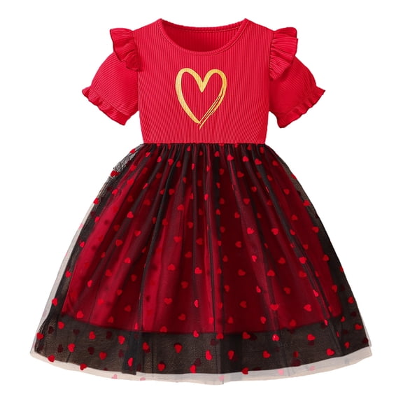 Zpanxa Dresses for Girls, Girls' Fashion Star Print Mesh Puff Skirt Short Sleeve Round Neck Dress Red 1-2 Years