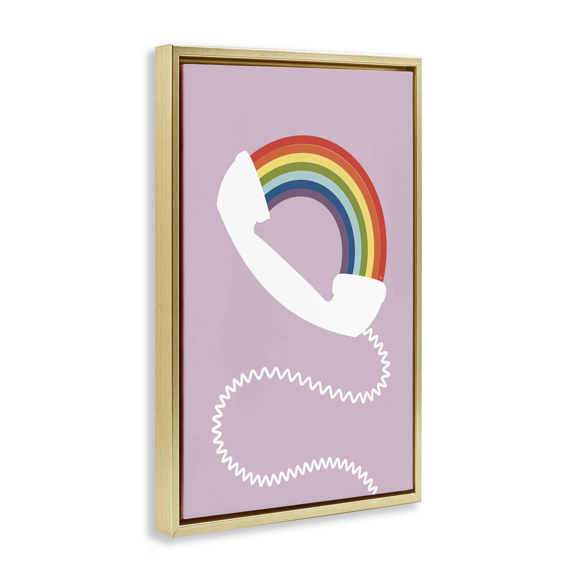 Stupell Industries Rainbow Phone on Pink Novelty Painting Gold Floater Framed Art Print Wall Art, 17 x 25