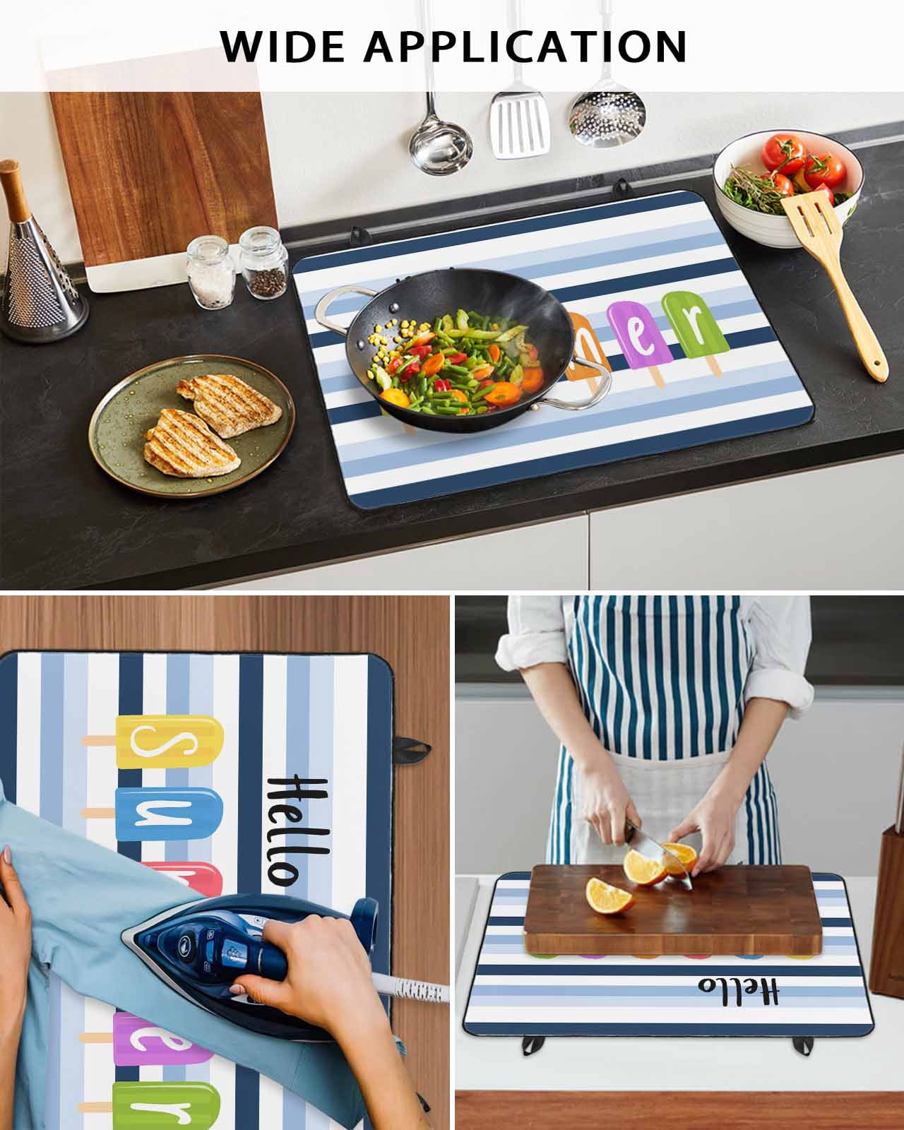 nqOlkjepod Large Induction Cooktop Protector Mat 24"x21", Hello Summer Stove Top Covers for Electric Stove, Watercolor Blue Striped Colorful Ice Cream Stove Burner Cover Mats, Glass Top Stove Cover