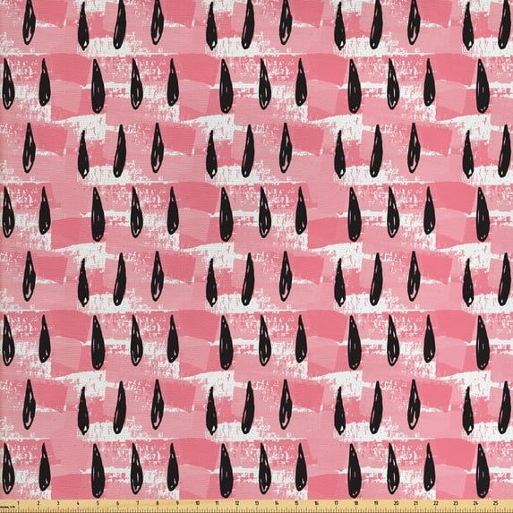 Abstract Fabric by the Yard, Grunge Black Drops Doodle on Pastel Brushstroke Background Hipster Pattern, Decorative Upholstery Fabric for Chairs & Home Accents, Pale Pink White by Ambesonne