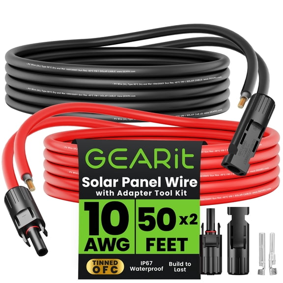 GEARit 10AWG Solar Extension Cable (50FT Black - 50Ft Red) Male to Female Solar Connectors with Adapter Tool Kit, Solar Panel Renewable Energy, 10 Gauge Pure Copper Extension Cord, 50 Feet