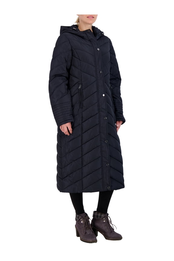 Women's Chevron Maxi Puffer Coat with Hood