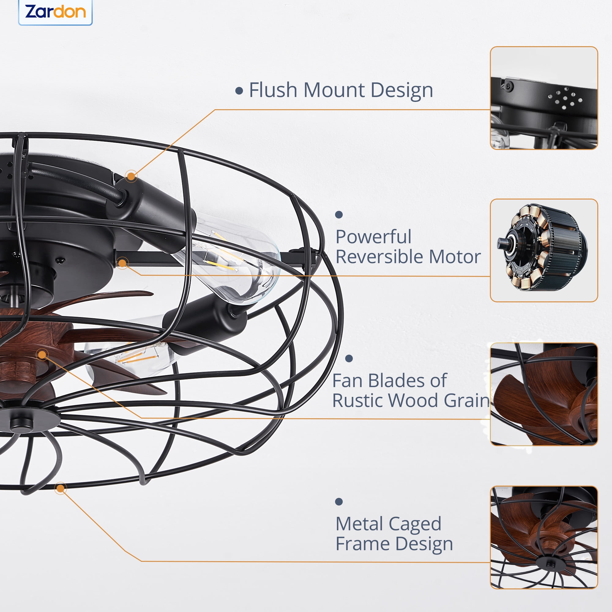 Zardon 20 inch Caged Ceiling Fan with Light, Remote Control, 6-Speed Adjustable, Ideal for Indoor Use