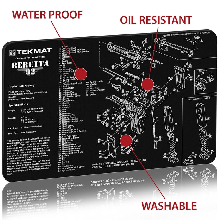TekMat Beretta 92 Cleaning Mat - Oversized Gun Maintenance Mat With Diagrams, 1/8" Padding