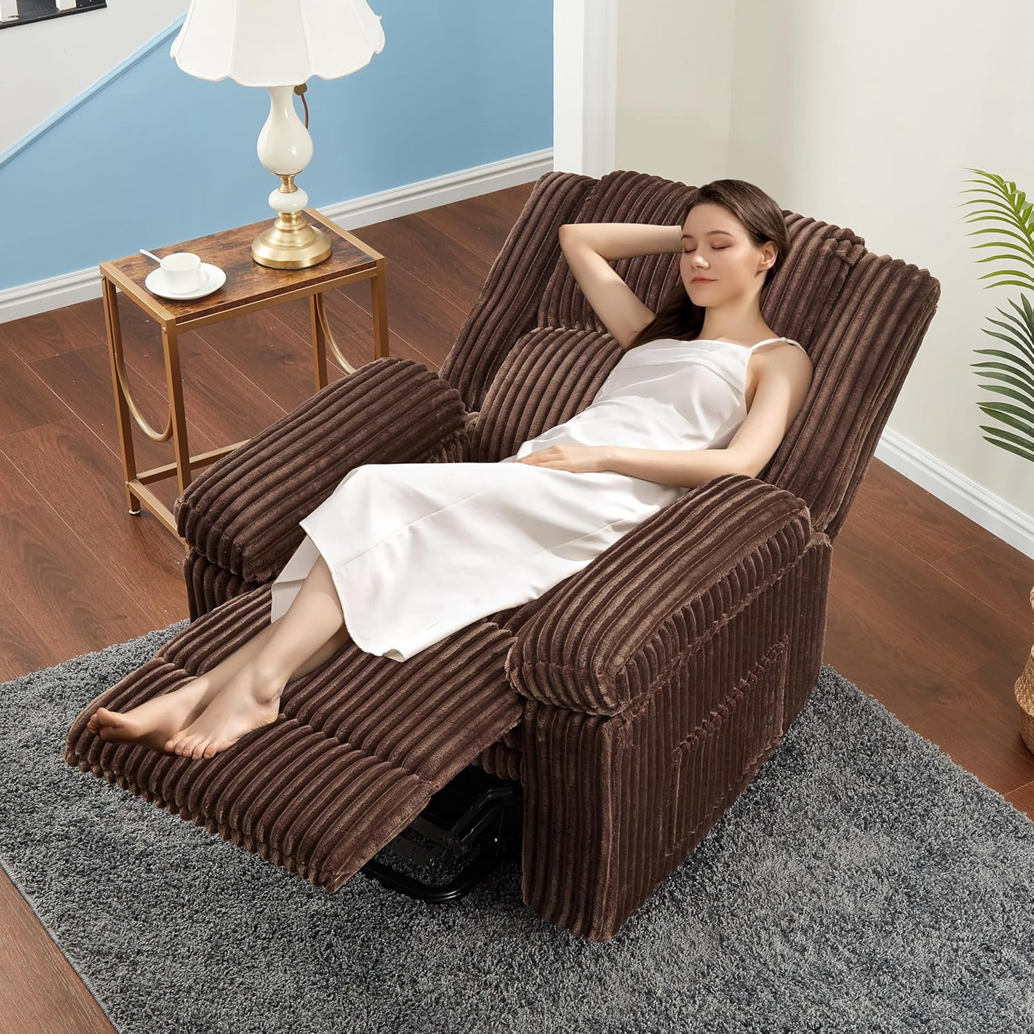 Corduroy Recliner Chair, Manual Recliner Sofa with Handle, Pillow Top Arms, Thick Padding, Side Pocket, 330Lbs Capacity, Adjustable Recliner for Living Room, Bedroom, Home Theater, Brown