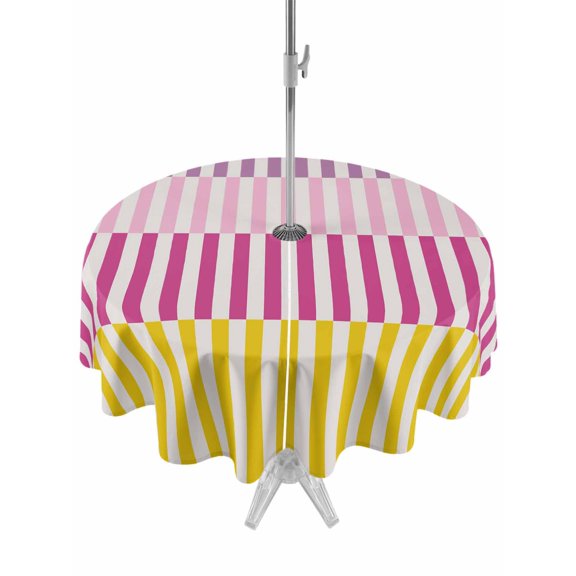 Outdoor Tablecloth with Umbrella Hole, Colorful Stripe Spillproof Waterproof Outdoor Table Cover, Modern Pink Purple Yellow Vertical Striped Patio Tablecloths for Party/Garden/Picnic, Round 54 inch