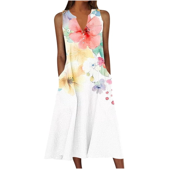 MaFYtyTPR Summer Dresses for Women Plus Size Boho Floral Print Beach Vacation Casual V-Neck Dresses with Pocket Sleeveless Swing Midi Dress A-Yellow S
