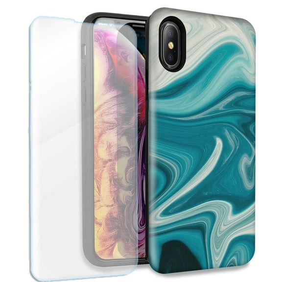 Mundaze Green Abstract Paint Double Layer Case w/Glass Screen Protector For Apple iPhone X/XS