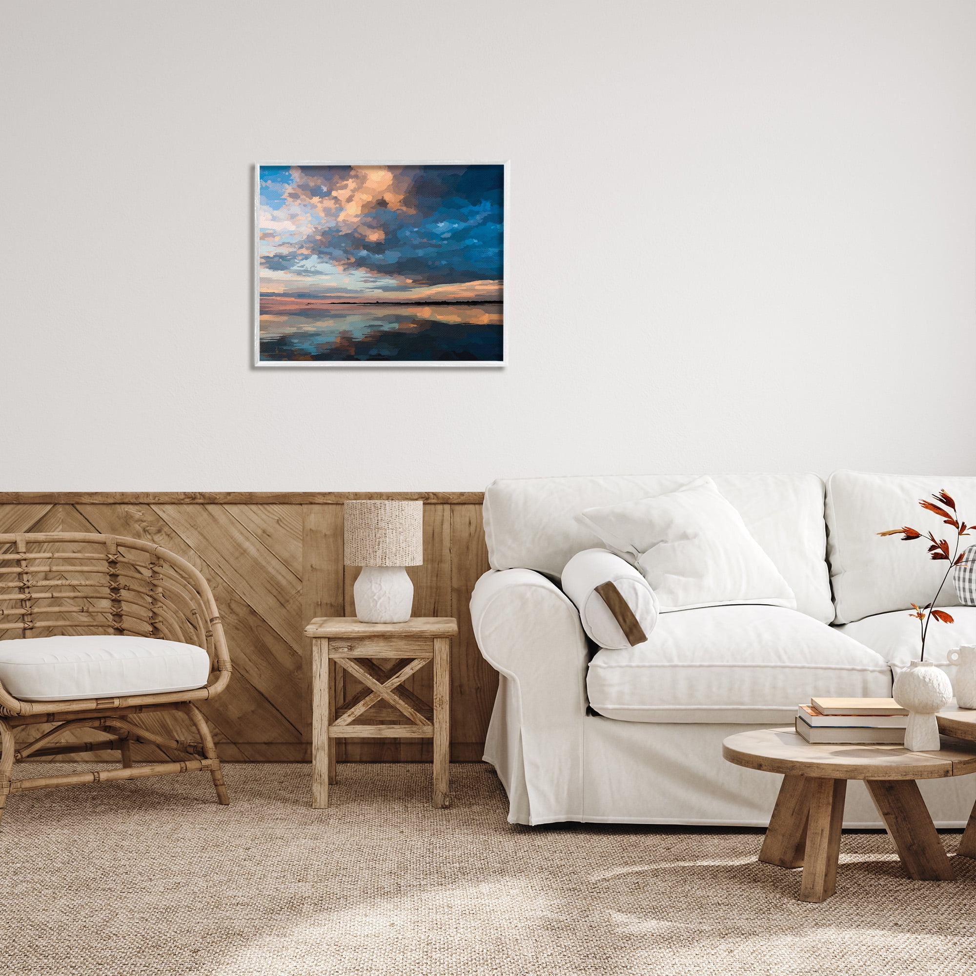 Stupell Industries Clouds & Sunset Reflection Landscape Painting White Framed Art Print Wall Art, 30 x 24