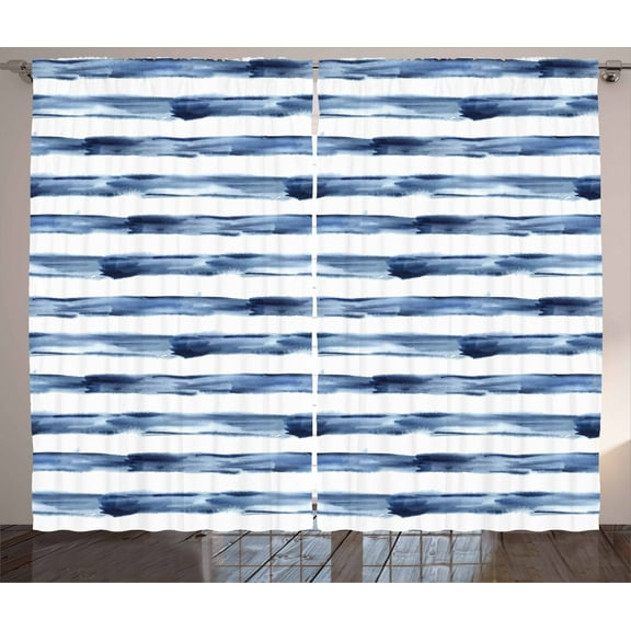 Ambesonne Harbour Stripe Curtains 2 Panel Set, Watercolor Brush, 108" x 63", Night Blue White