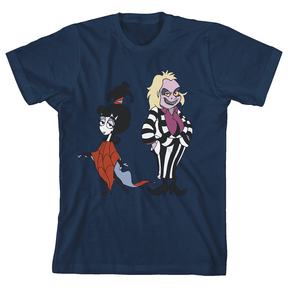 Beetlejuice Animated Series Lydia & Beetlejuice Crew Neck Short Sleeve Navy Blue Boy's T-shirt-Large
