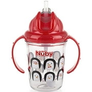 Nuby 2-Handle Printed No-Spill Thin Flip-It W/360 Weighted Straw Cup, Penguin/Red