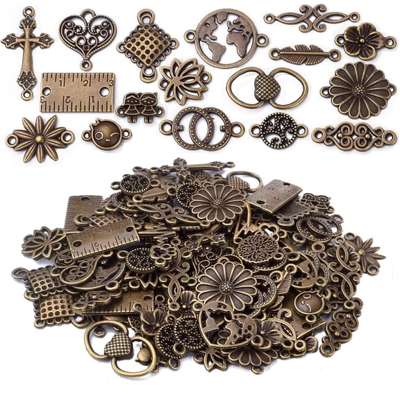 Connector Charms, 100g Craft Supplies, Antique Bronze, Heart, Cross, Flower, Ruler Shapes, Jewelry Making