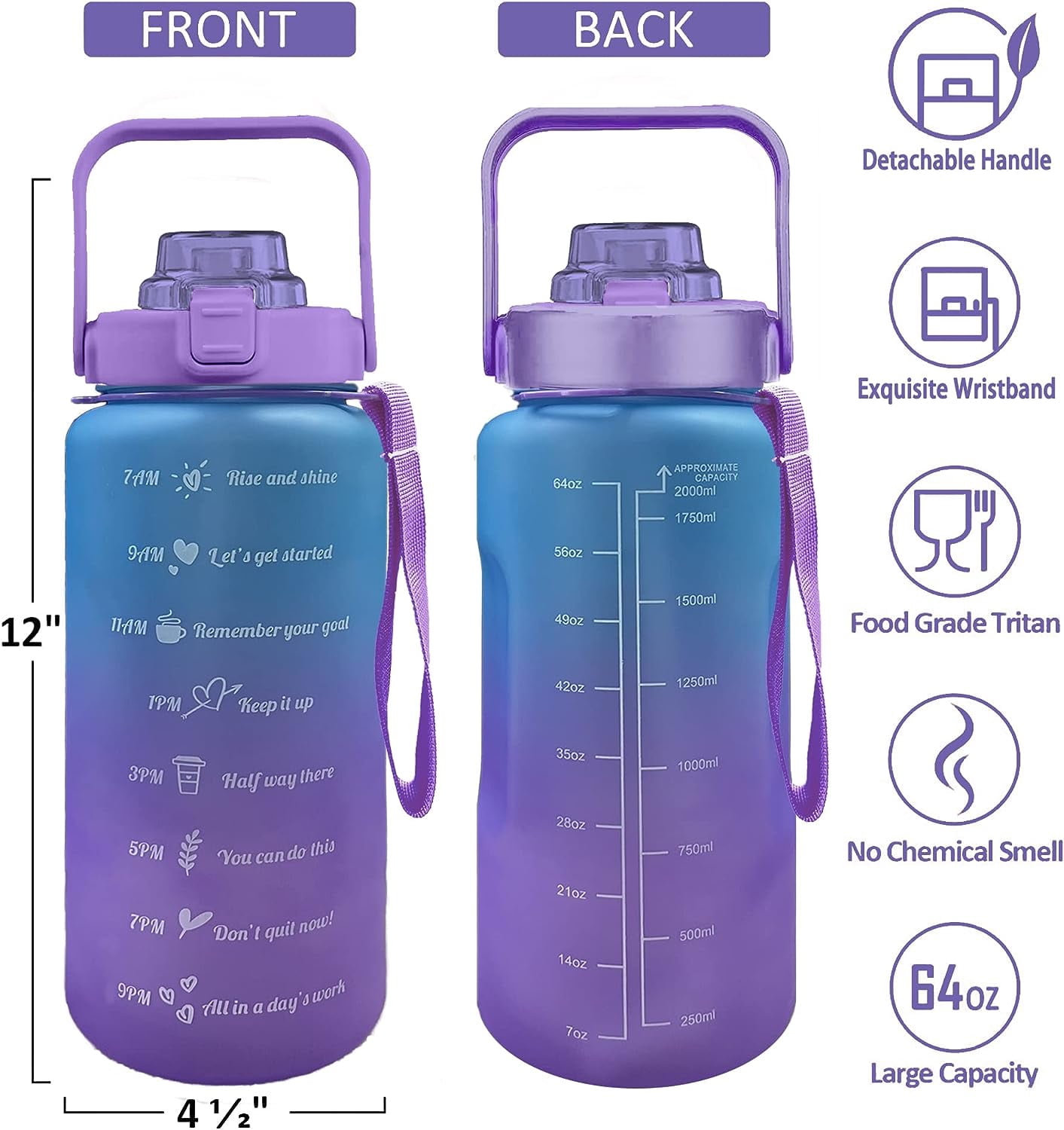 Half Gallon Water Bottle with Sleeve Water Bottle 64 Oz Water Bottle with Time Marker, 1/2 Gallon Water Bottles Half Gallon Water Bottle with Straw and Gym Yoga 1/2 Gallon Water Jug for Women Mermaid