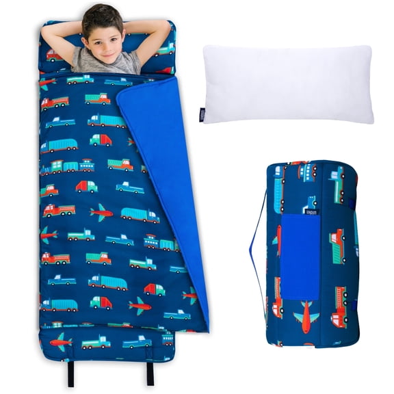 Wildkin Original Nap Mat with Pillow for Boys and Girls, Features Hook and Loop Fastener, Soft Cotton Blend Materials(Transportation)