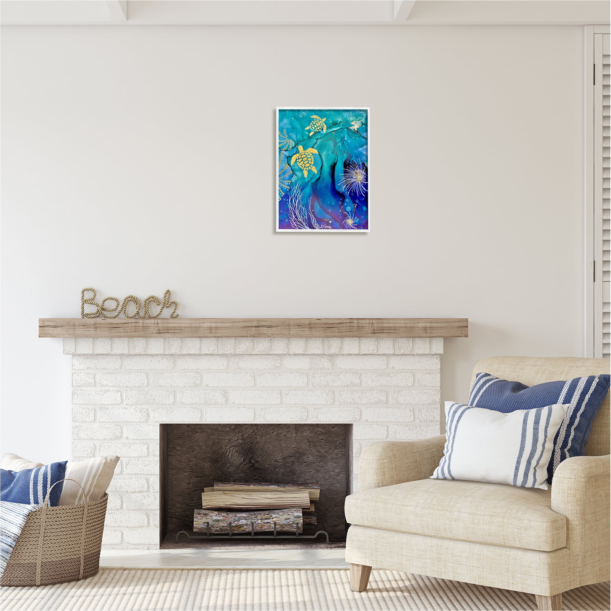 Stupell Industries Abstract Blue Sea Turtles Abstract Painting White Framed Art Print Wall Art, 16 x 20