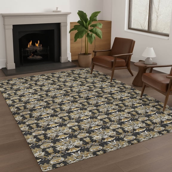 Addison Rugs Chantille Indoor/Outdoor Transitional Floral Black Machine Washable Rectangle Rug, 10' x 14'