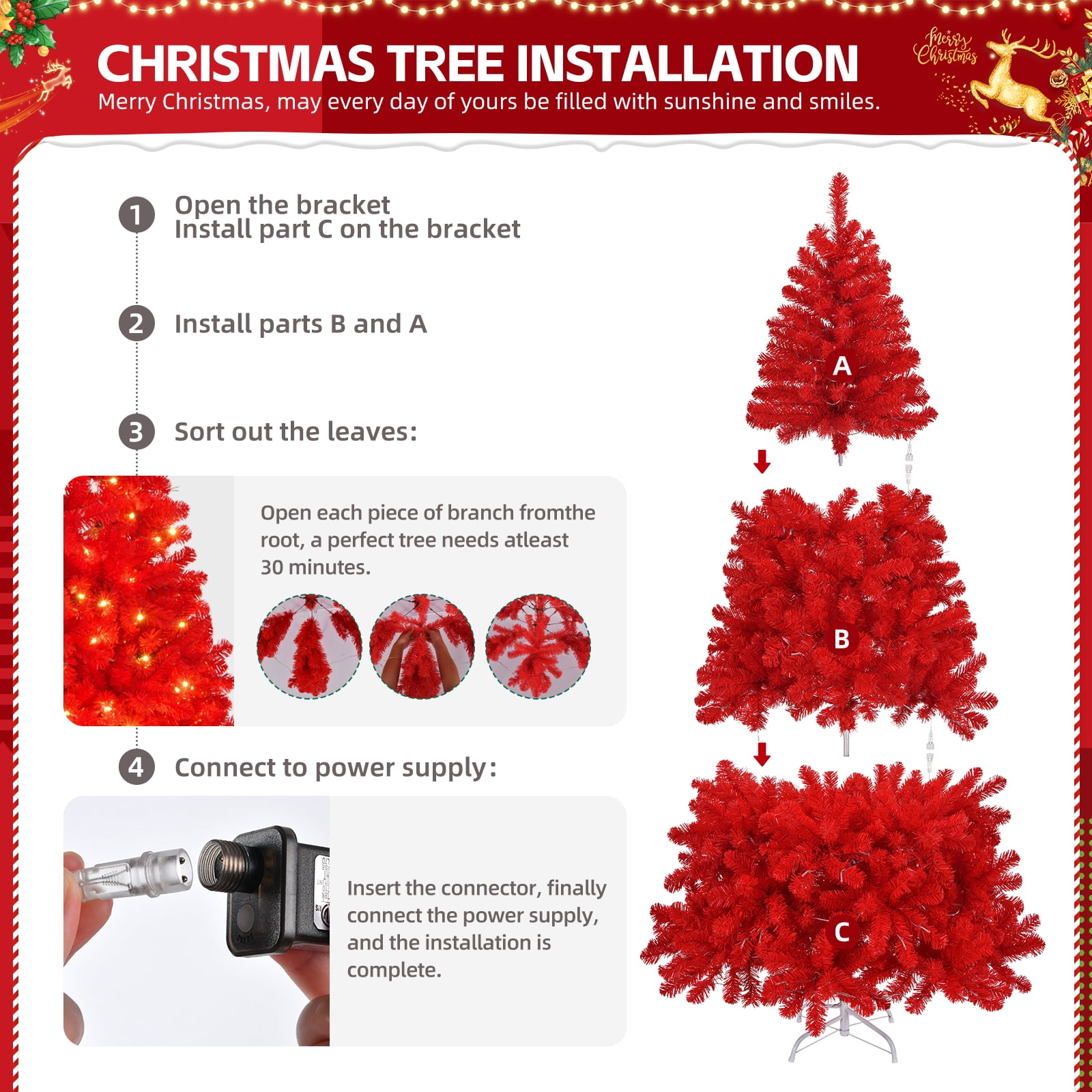 7 FT Pre-lit Artificial Christmas Tree, Hinged Xmas Pine Tree with 1100 Branch Tips, 400 Lights and Remote Control, 10 Modes and Stepless Dimming for Holiday Party Office Home, Red