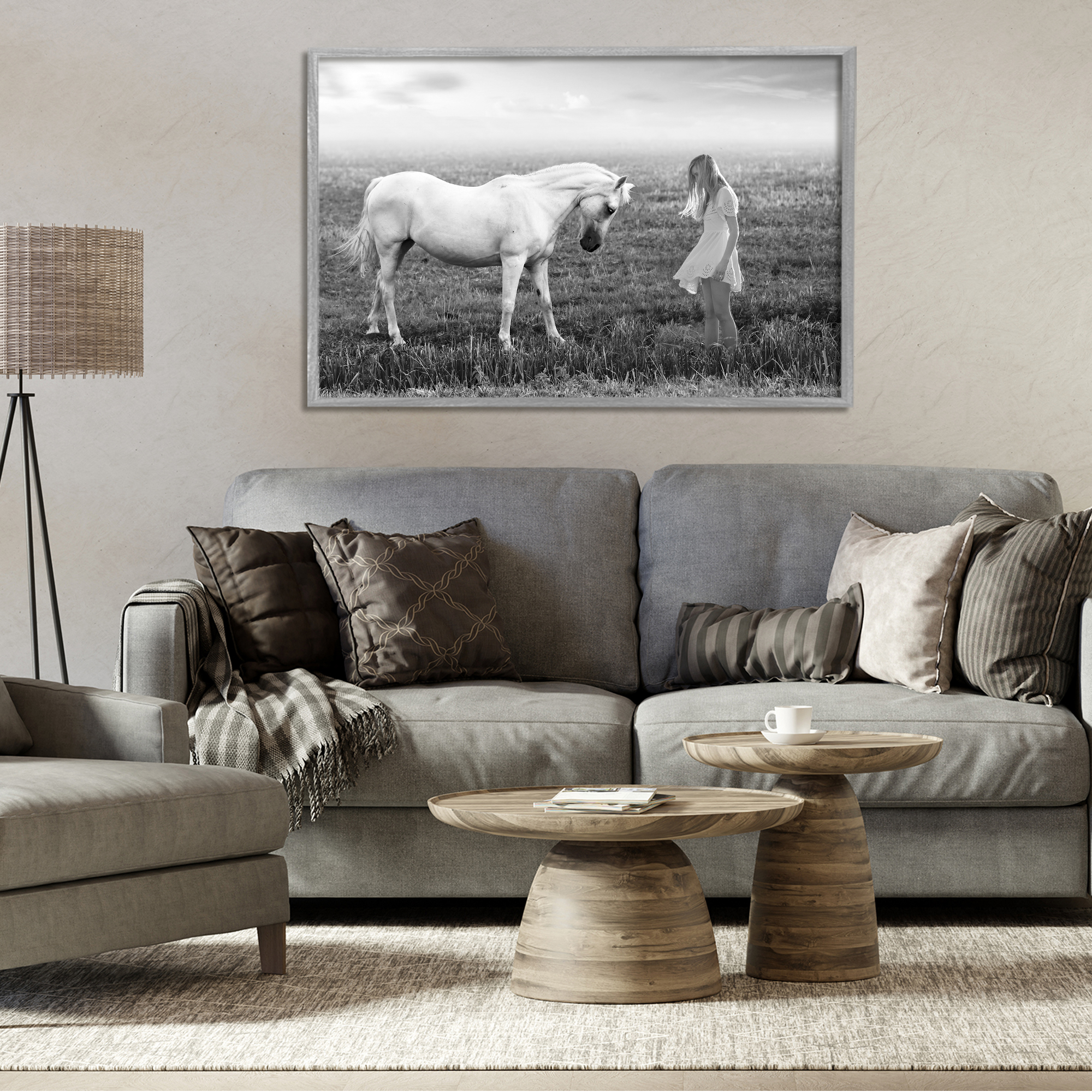 Her White Horse Gray Framed Giclee Art, design by Ata Alishahi