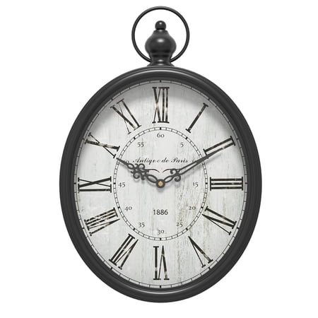 Oval Retro Wall Clock Rustic Vintage Style Black Antique Design Battery Operated Silent Decor Large Clocks For Kitchen Farmhouse Office (15.5 H X 10.5 W)