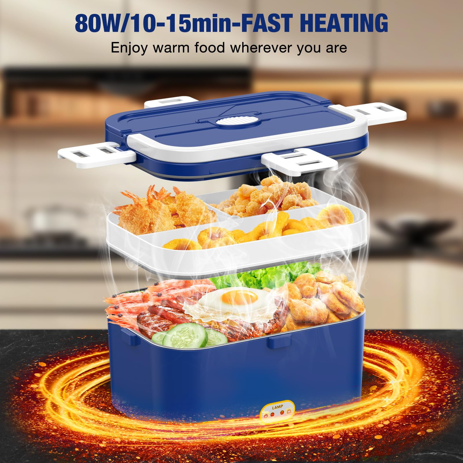 AsFrost Electric Lunch Box Food Heater 80W, 4 in 1 Ultra Quick Heated Lunch Boxes for Adults 12V/24V/110V/220V Portable Food Warmer for Car/Truck/Office With Fork Spoon and Insulated Carry Bag