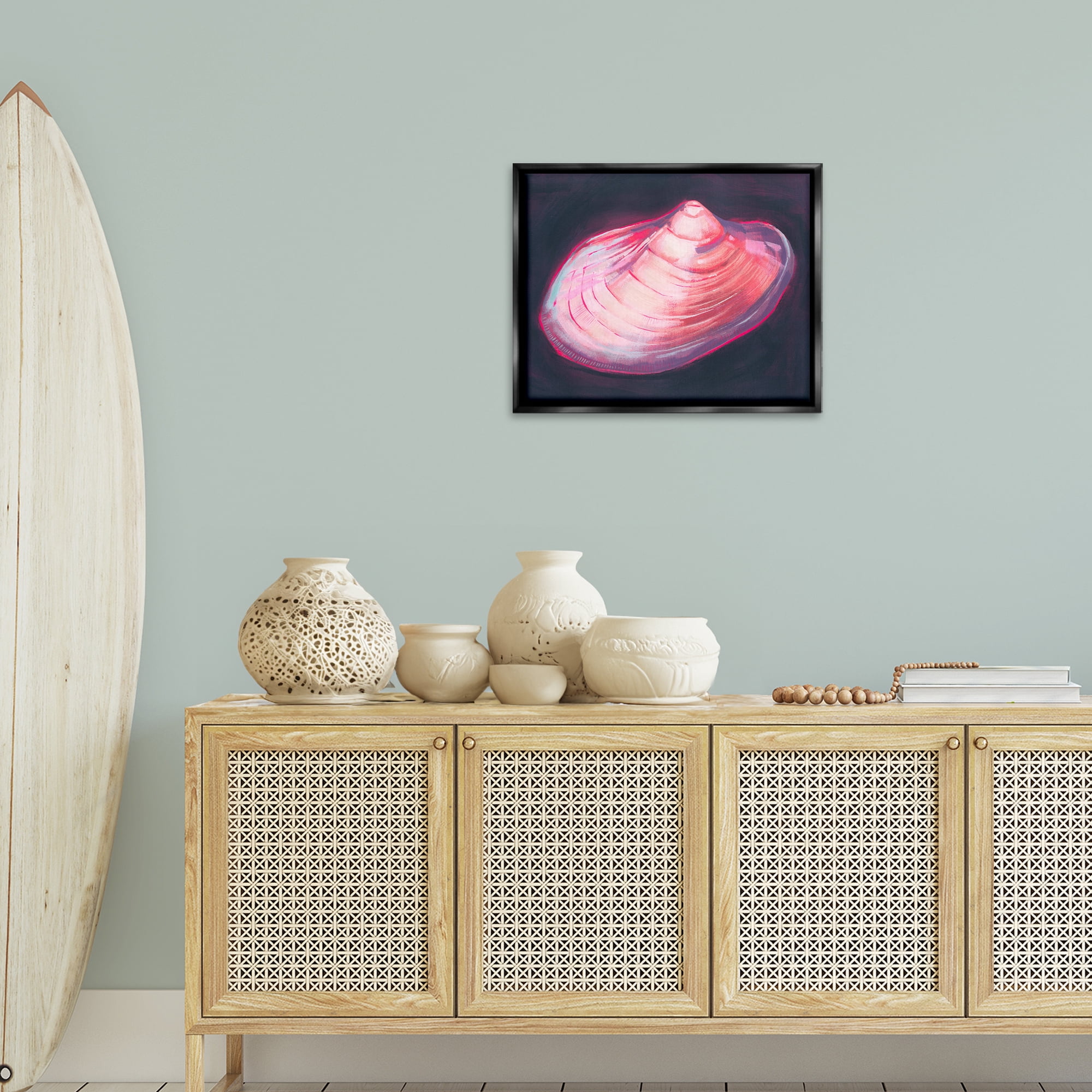 Stupell Industries Pink Seashell on Black Animals & Insects Painting Black Floater Framed Canvas Art Print Wall Art, 21 x 17