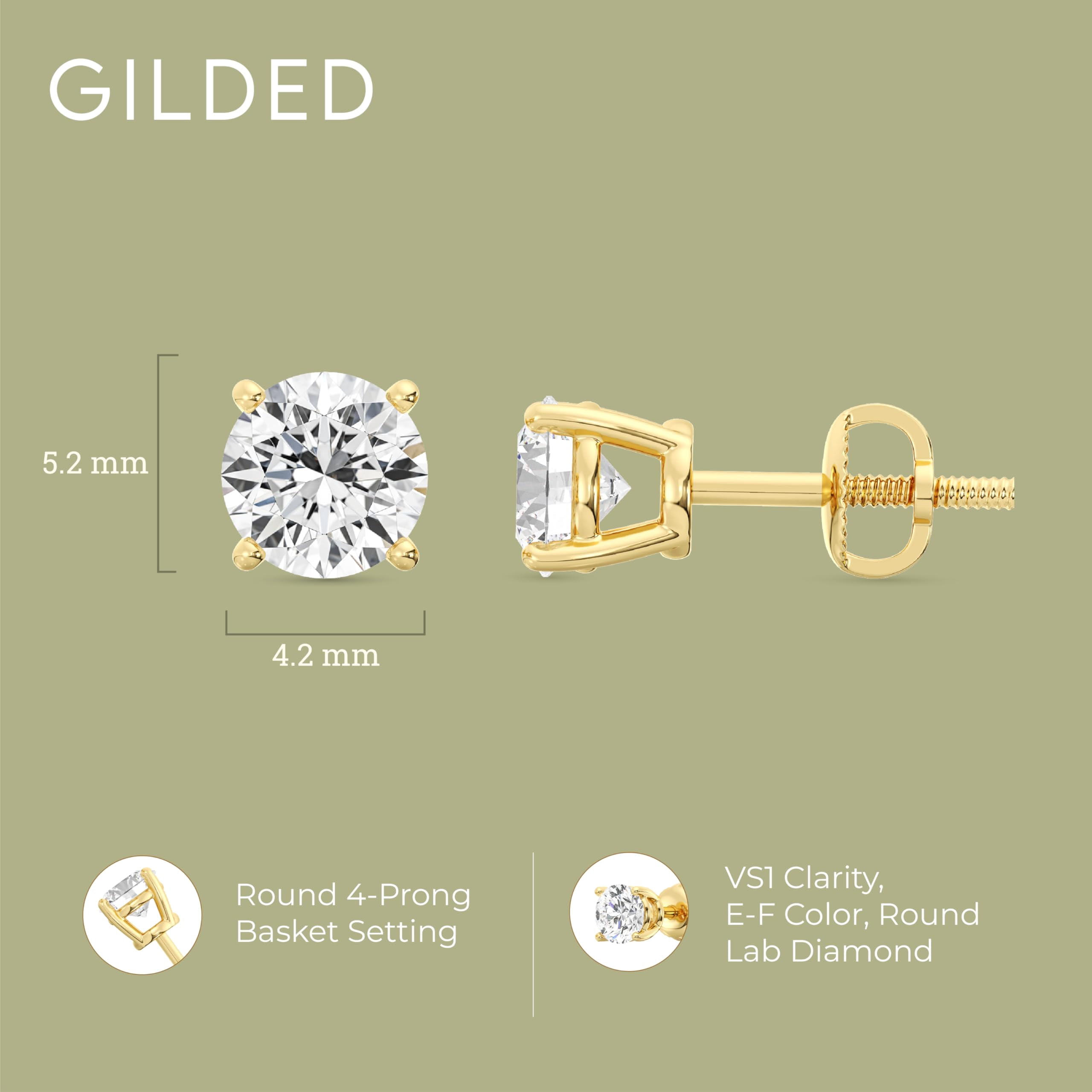 Gilded 1 Carat Total Weight IGI Certified Lab-Grown Diamond 14KT Yellow Gold Stud Earrings for Women| Hypoallergenic Fine Gold Jewelry|4-Prong Basket, Push Back Nut|VSI1 Clarity, E-F Color, Round Cut