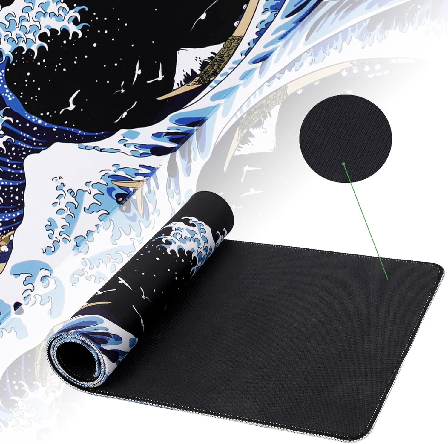 Gaming Laptop Mouse Pad,Sea Wave Big Mice Pads PC Keyboard Waterproof and Non-Slip 35.4 x 15.7" 0.12" Thick Thick XL,XXL Rubber Table Mat, Kanagawa Surfing and Black Japanese Mouse Pads